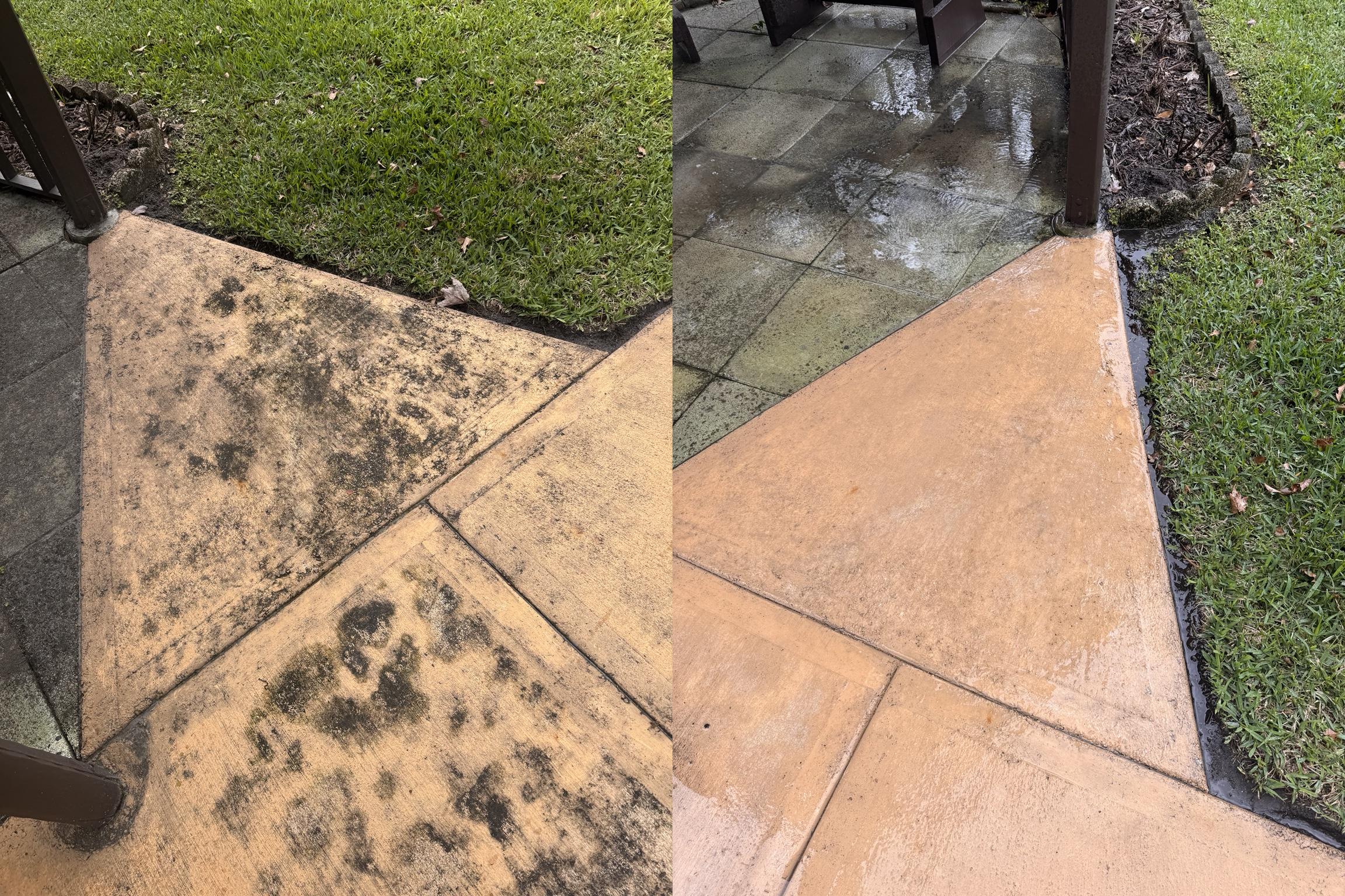 Before and after concrete cleaning showing dirty concrete next to cleaned concrete